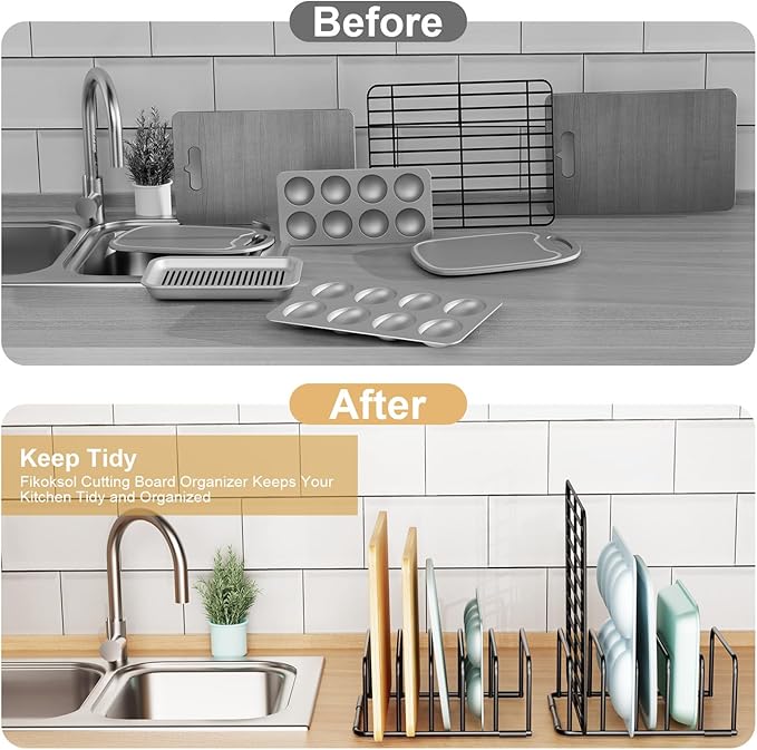 Fikoksol Cutting Board Organizer and Baking Sheet Rack, [1-Pack] Black Heavy Duty Metal Cookie Sheet Organizer for Cutting Board Storage & Plate Holder for Cabinet, Tray Dividers for Cabinets