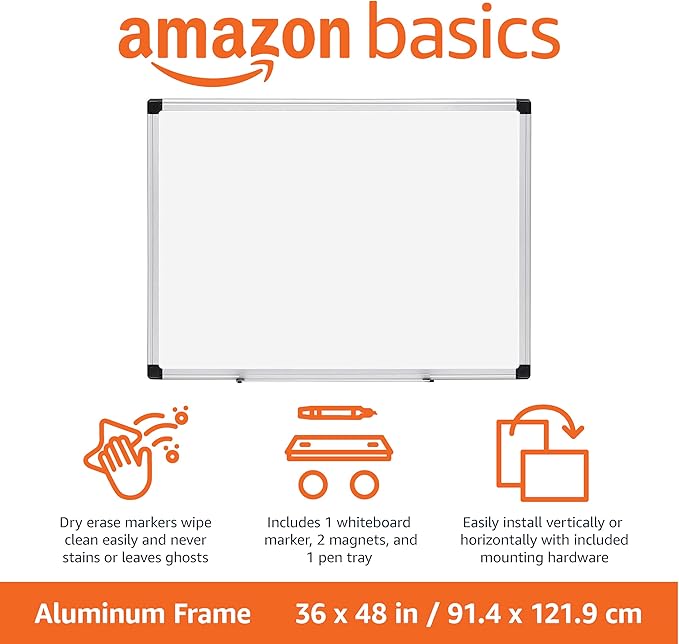 Amazon Basics Magnetic Dry Erase Whiteboard, 36 x 48-inch, Aluminum Frame, Silver/White, Easy to Install