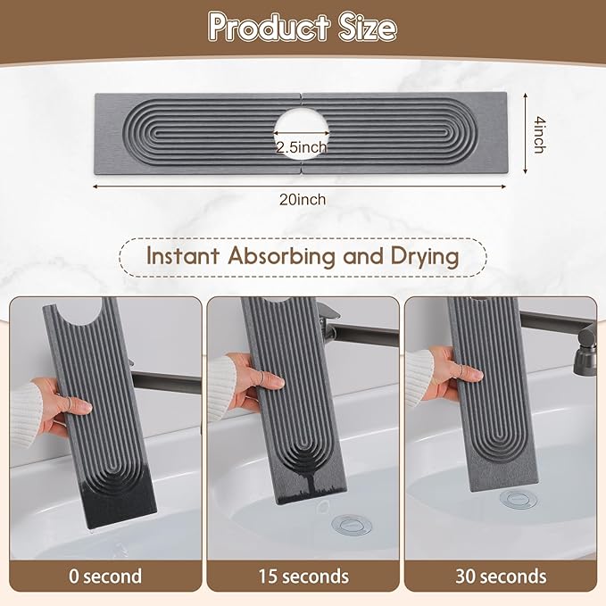 Faucet Mat for Kitchen Sink, Diatomite Quick Drying Tray, 20 Inch Kitchen Sink Splash Guard and Bathroom Stone Tray for Counter. Super Absorbent. Deep Grey.