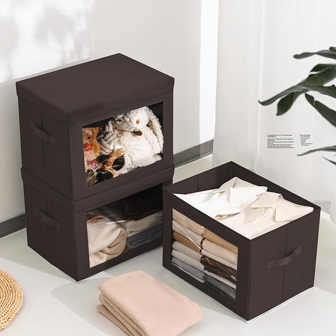 Stackable Storage Bins with Lids - Large Storage Box with Lids, Foldable Closet Boxes for Organizing, Wardrobe Clothes Organizer with Window, Cubes Bins for Living Room, 6 Pack, Brown