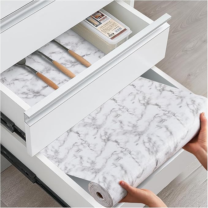 Drawer and Shelf Liner, Non-Slip Kitchen Cabinet Liners Non-Adhesive Thick Strong Grip Waterproof Washable Mats Protect Dresser Shelves Cupboard Bathroom Cabinets, White Marble, 24 in X 20 FT