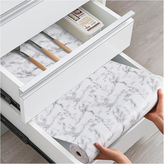 Drawer and Shelf Liner, Non-Slip Kitchen Cabinet Liners Non-Adhesive Thick Strong Grip Waterproof Washable Mats Protect Dresser Shelves Cupboard Bathroom Cabinets, White Marble, 24 in X 20 FT