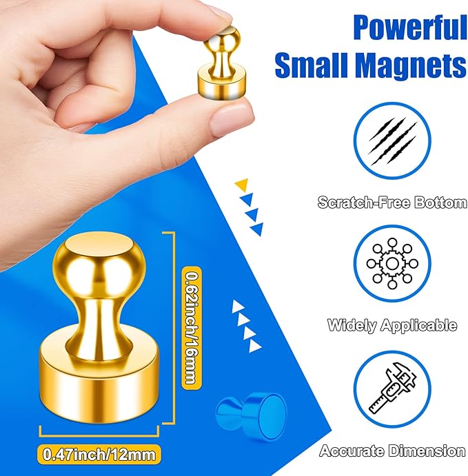 Strong Whiteboard Magnets, Cute Kitchen Magnets for Refrigerator, Tiny Gold Magnetic Clips, Magnetic Push Pins for Kitchen Decor and Accessories, Office, Gadgets, Pack of 56