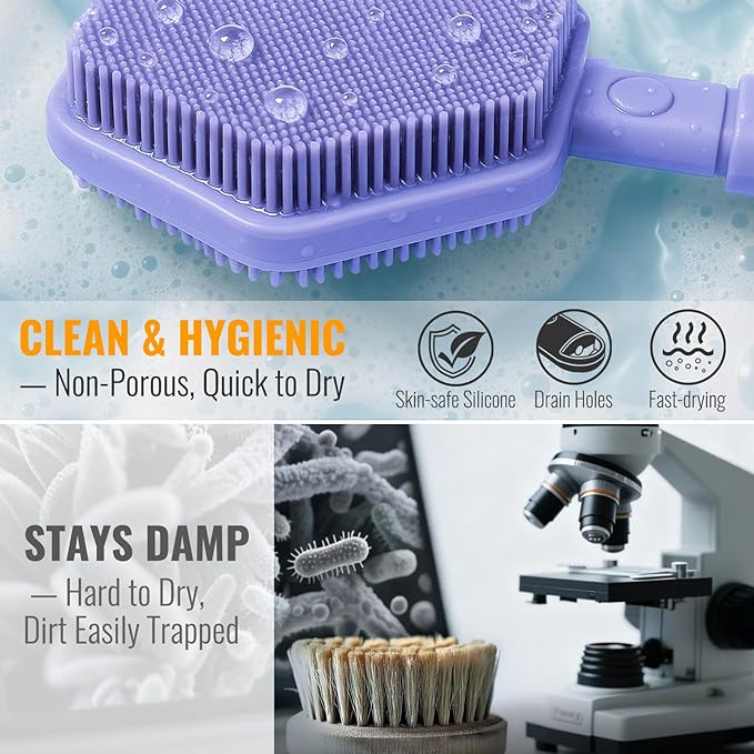 Silicone Back Scrubber for Shower – 21in Extendable Shower Brush with Long Handle – Dual-Sided Back Brush with Non-Slip Grip, Gentle Cleansing & Exfoliation for Men, Women, Elderly (Purple)