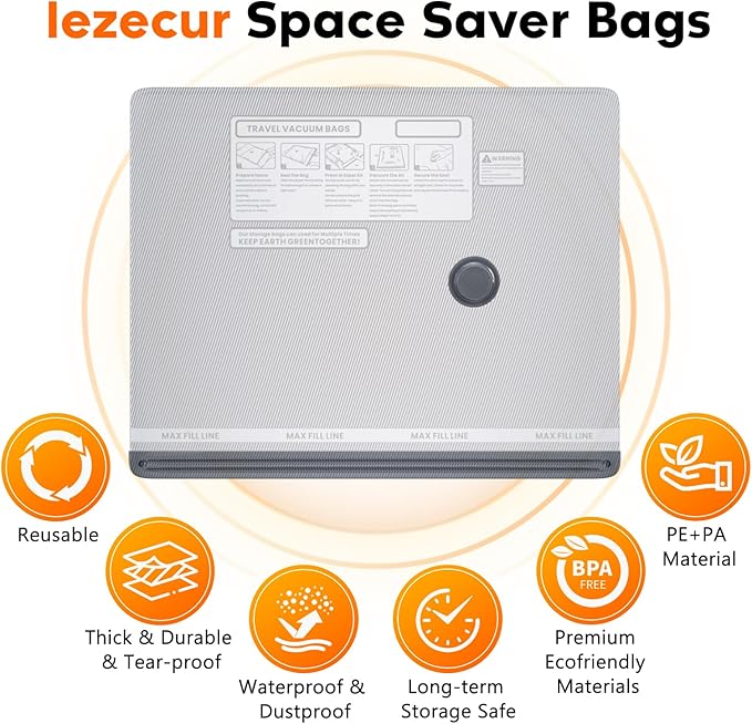 15 Pack Vacuum Storage Bags for Travel with Rechargeable Cordless Pump, Space Saver Bags for Clothes, Compression Packing Bags for Luggage and Suitcase, 15 Combo Size