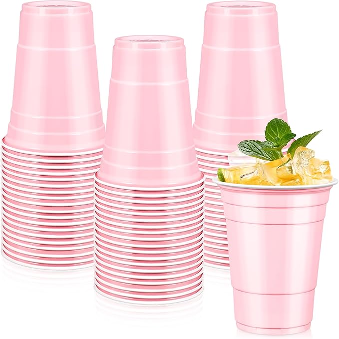 LANLISA 100 Light Pink Plastic Cups, 16 oz Disposable Cups, Drinking Cups For Party Supplies