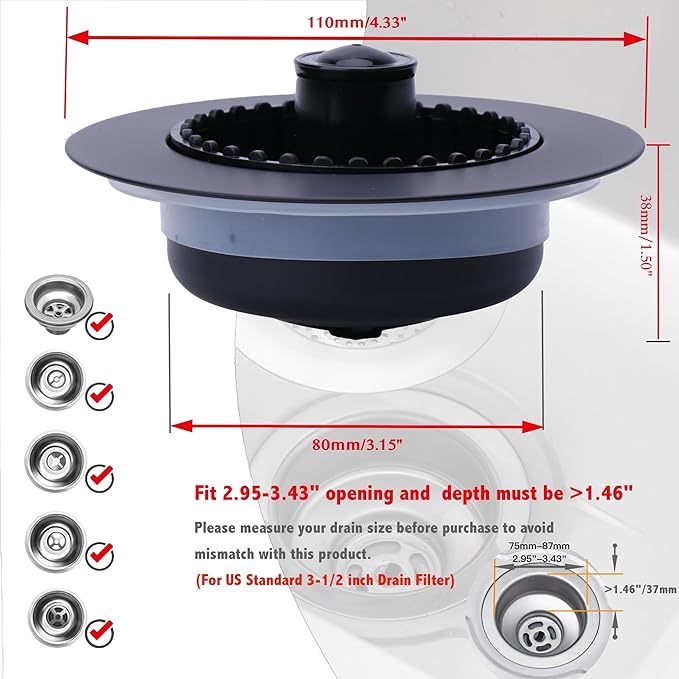 Kitchen Sink Drain Strainer 3 in 1, 304 Stainless Steel Pop Up Sink Stopper, Anti-Clogging Drain Stopper, Strainers for Kitchen, Drain Cover and Kitchen Accessories for US Standard Sink (Black)