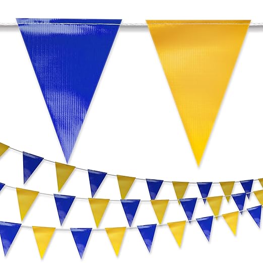 Blue & Yellow Pennant Banner Flags | Heavy-Duty Outdoor | OSHA 500lb Rated | Strand Fade Resistant 【408FT】