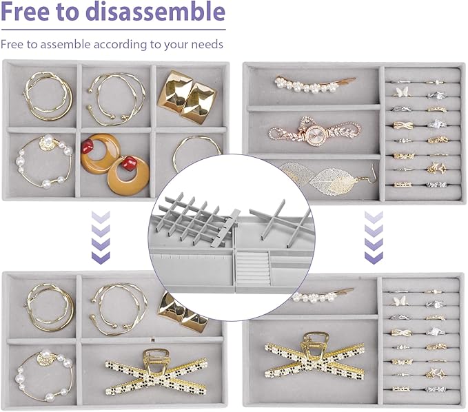 Cirhy 4 Stackable Jewelry Trays Organizer Set for Drawer, Jewelry Organizers and Display Case Storage, Velvet Drawer Inserts Organizer for Necklace Bracelets Earrings Organizer, Gift For Her, Grey