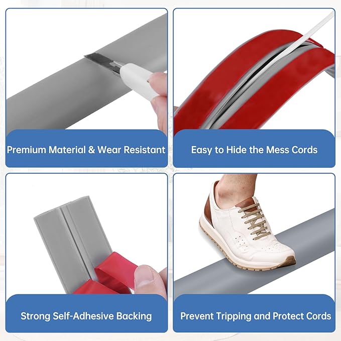 Floor Cord Cover Self Adhesive Cord Hider Floor Extension Cord Covers for Floor Power Cord Protector Cable Management Prevent Cable Trips Cable Cavity 0.32" W x 0.32" H (Grey, 10Ft)