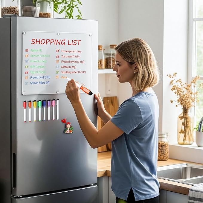 Acrylic Magnetic Whiteboard for Fridge, Clear Dry Erase Memo Board for Refrigerator with 8 Markers, Magnetic Planning Menu Board for to Do List/Shopping List, Meal Planner for Kitchen, 14.5 * 11.5''