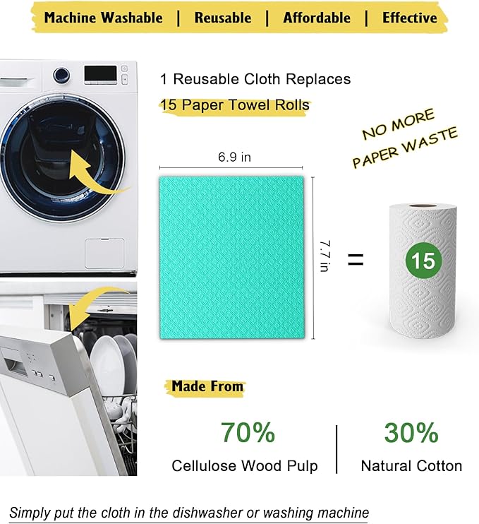 MoLKENE Swedish Dishcloths - 10 Pack Reusable Kitchen Dishcloths - Ultra Absorbent Dish Towels for Washing Dishes - Cellulose Sponge Cloth Cleaning Cloths - Green