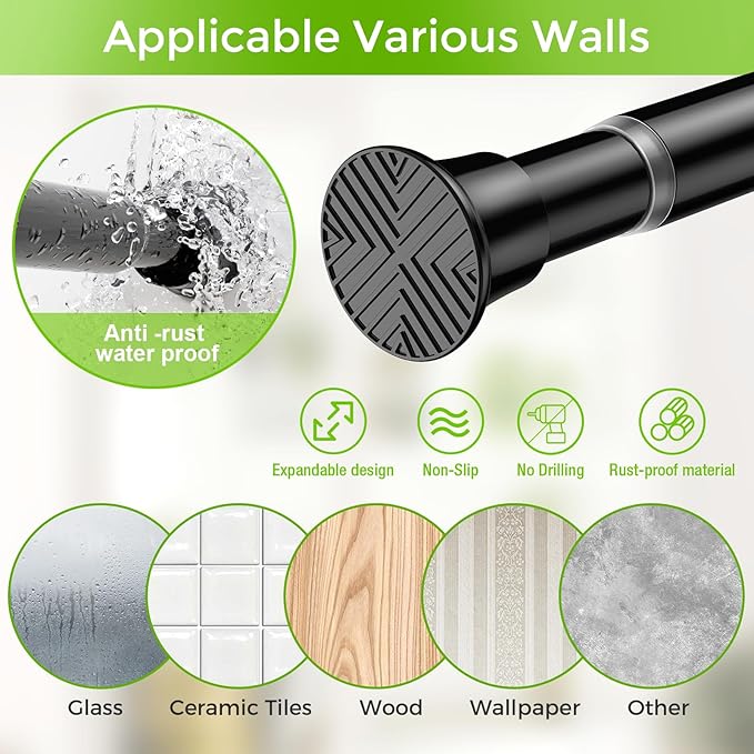 Tension Curtain Rod 32-64 Inch 7/8" Diameter Spring Loaded Curtain Rods No Drilling Adjustable Expandable Shower Curtain Rod for Bathroom Doorway Window Kitchen Closet, Black