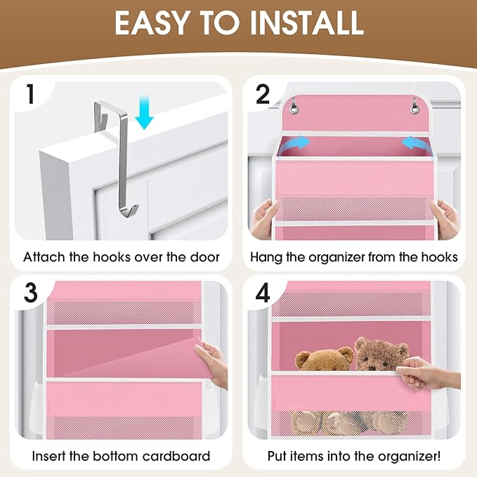 5-Tier Over The Door Organizer Hanging Storage Organizers with Clear Window 40lb Large Capacity Room Organizer for Pantry Bathroom Nursery Closet(Pink)