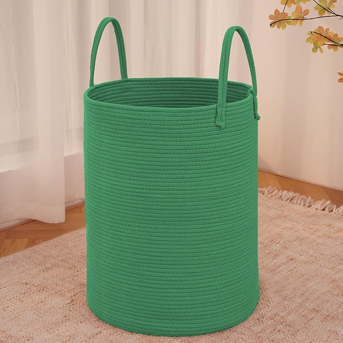 Large Woven Laundry Basket Hamper, 60L Cotton Rope Storage Bin for Blankets, Toys, and Clothes, Decorative Tall Nursery Hamper for Living Room, Baby Nursery, Bathroom, and Bedroom, Dark Green
