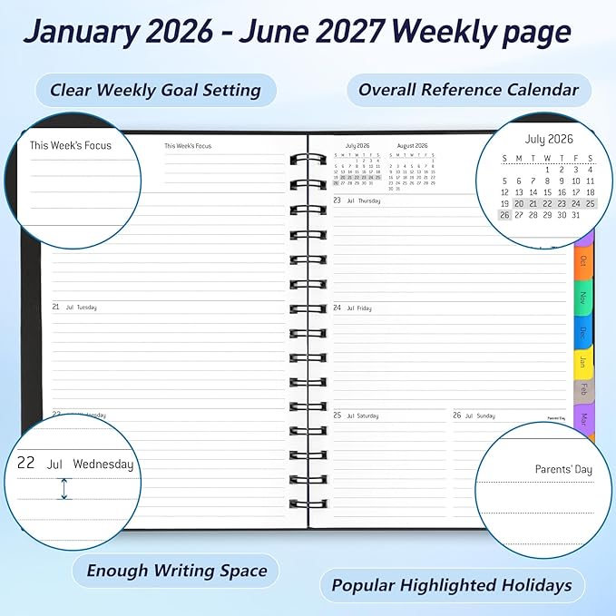 Daily Planner 2026-2027, 18-Month Weekly and Monthly Calendar Planner, January 2026 - June 2027, Planning Agenda Book with Laminated Tabs, Flexible Cover, 100GSM Thick Paper, A5 Size,Black