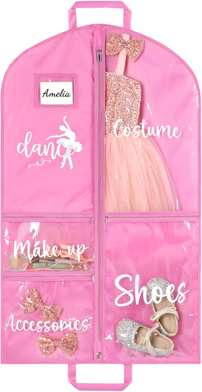 DEEKA Dance Garment Bag for Hanging Clothes with Zipper Pockets Dance Accessories Essentials Uniform Costume 40 Inch Dress Bags for Dance Competition Girls (Pink,White-Dance)