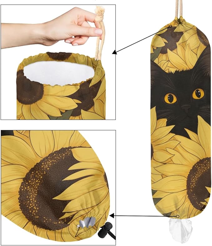 Sabokido Animal Cat Plastic Bag Holder Yellow Sunflower Grocery Bag Storage Dispenser Washable Hanging Shopping Bags Carrier Reusable Wall Mount Trash Bag Organizer for Kitchen Pantry