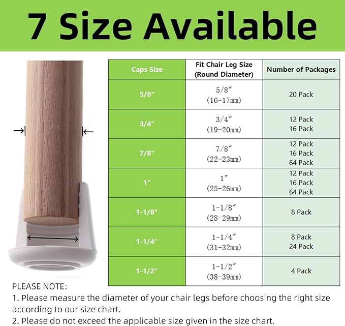 Furnigear Chair Leg Tips Caps Non-Slip Rubber Leg Tips 1-1/4” Inner Diameter Chair Leg Floor Protectors Round White, 24 Pack