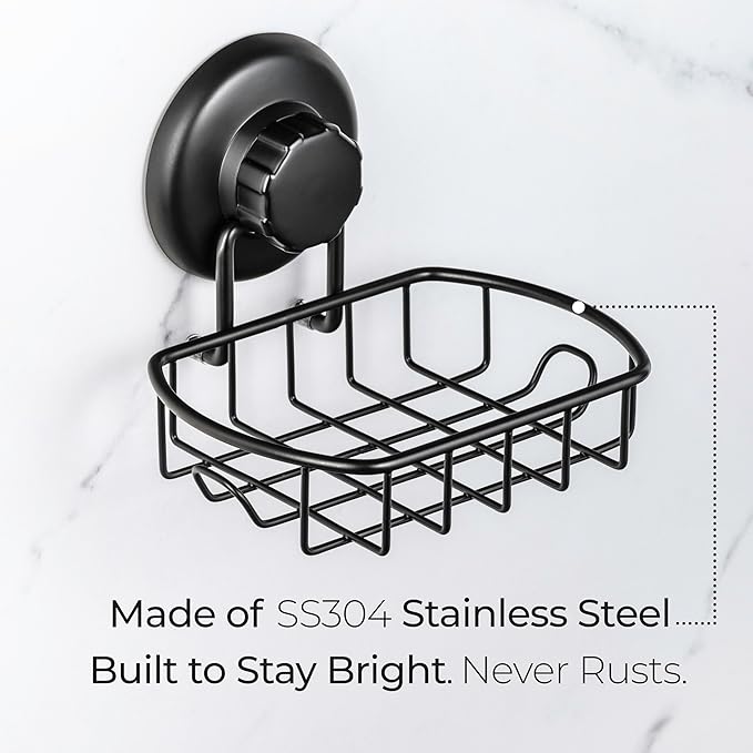 Suction Soap Dish with Hooks - Super Powerful Vacuum Suction Cup Shower Soap Holder - Rustproof Stainless Steel SS304 Soap Basket - Sponge Holder for Bathroom & Kitchen (Black)