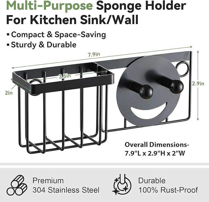 [Slim & Space-saving] Sponge Holder for Kitchen Sink, Sponge Caddy for Scrub Daddy / Scrub Mommy Smiley Face, Sink Organizer Accessories for Dish Brush, Scrubber -with 2 Suction Cups & 1 Adhesive Hook