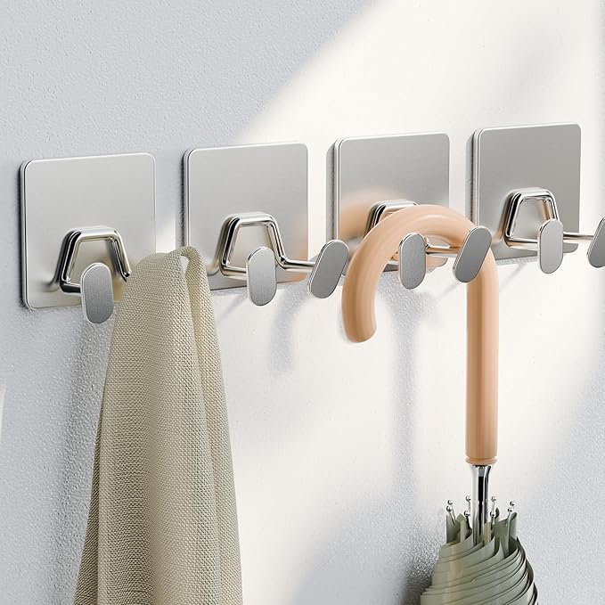 Adhesive Shower Hooks for Inside - Extra Sticky Stainless, Razor Holder Shower Accessories, Wall Mounted Self-Adhesive Double Hooks for Razor, Loofah, Towel, Shaver, Coat, Key, Silver, 4-Pack