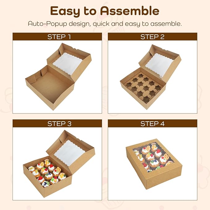 Tcoivs 6-Set Cupcake Boxes Hold 12 Standard Cupcakes, Auto-Popup Cupcake Containers with Windows and Inserts, Food Grade Kraft Cupcake Carrier and Cupcake Holders (Brown)