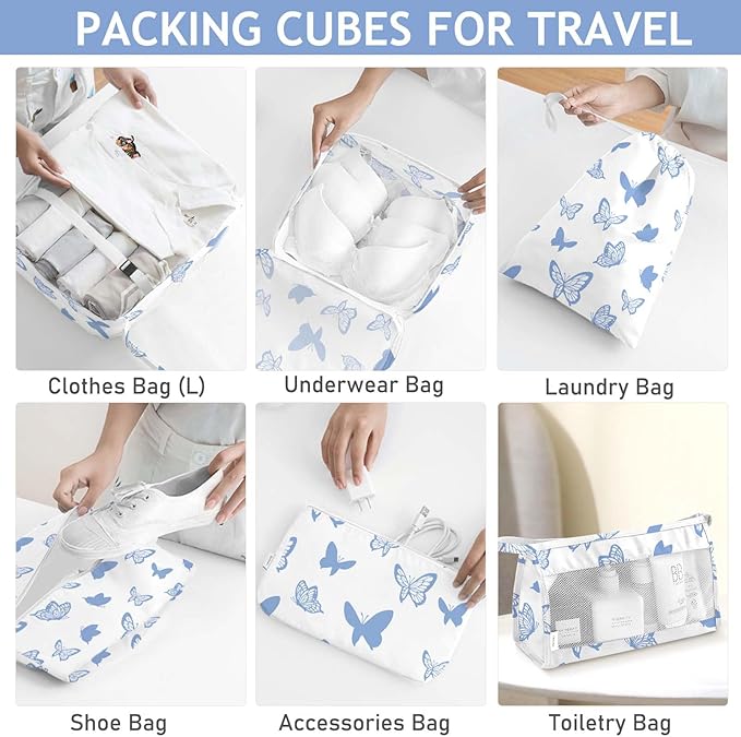 KPX 8 Set Packing Cubes for Travel, Luggage Packing Organizers Accessories Large Toiletry Bag for Clothes Shoes Cosmetics (8Set-Butterfly)