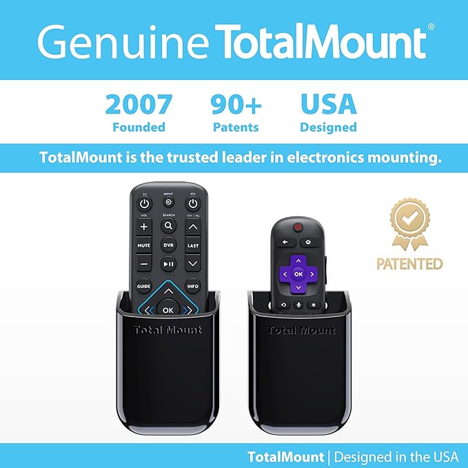 TotalMount Universal Remote Control Holders (2 Pack) – Attach to Wall or Back of TV – Compatible with All TV Remotes (Premium Black, Medium)