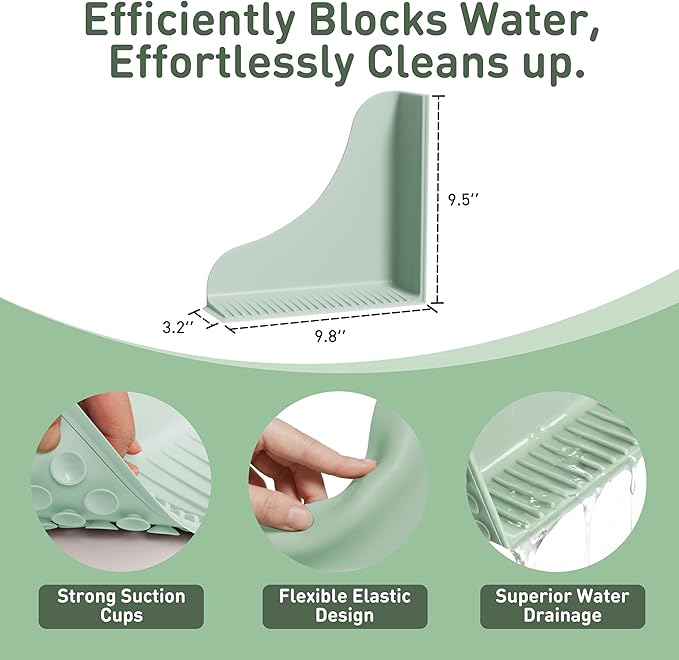 Roslim No-Adhesive 2-Pack All-Silicone Shower Splash Guard with Strong Suction Cups, Reusable Bath Tub Corner Water Blocker for Secure Seal，Keep Water in Shower or Bath, One-Piece Design, Mint Green