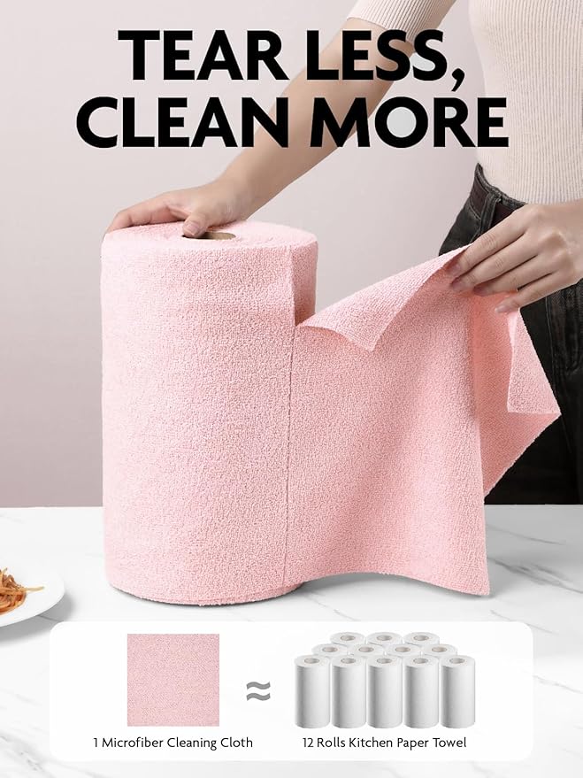Fantasticlean Microfiber Cleaning Cloth Roll - 150 Pack, Tear Away Microfiber Towels, 12" x 12", Reusable, Washable, Ultra Absorbent Dishcloth for All-Around Cleaning Supplies (2 Rolls of Pink)