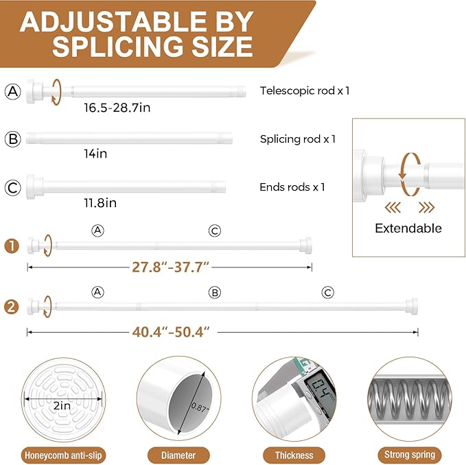 AIZESI White Tension Curtain Rod No Drilling 28-50Inch-2PCS,Spring Tension Rod Non-Slip,Bathroom Shower Rod Non-Rust,Adjusatable Tension Rod For Windows Doorway Curtains