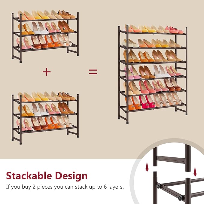 Tajsoon 3-Tier Expandable Shoe Rack for Closet, 28"-41" Adjustable & Stackable Shoe Shelf Storage, Metal Shoe Rack Organizer for Front Door Entrance, Closet, Garage, Entryway, Bronze