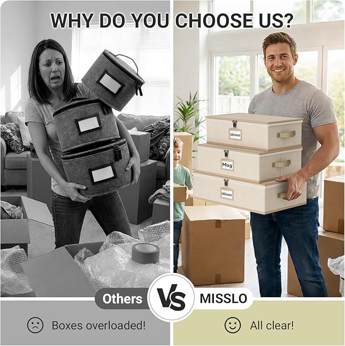 MISSLO Large Capacity China Storage Containers Hard Shell Plate Storage Containers, Kitchen Packing Moving Boxes for Dishes, Dinnerwares, Mugs Protectors, Beige, 3 Piece Set