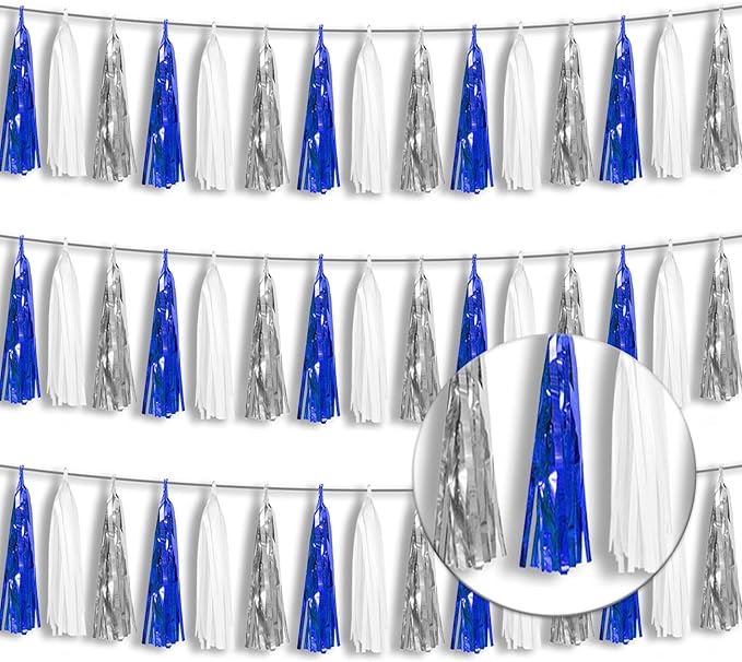 3P Metallic Fringe Tassel Banner Garland Foil Tinsel Streamer Wall Hanging Curtain Backdrop Banner for Parade Floats, Graduation Decorations, Retirement Party Decorations (Navy Blue White Silver)