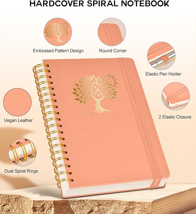 Spiral Notebook Journal for Women Men, 300 Numbered Lined Pages, College Ruled, A5 Hardcover Spiral Bound Notebook for School, Work, Note Taking Writing, Leather Spiral Journal Medium 5.9"x8.5"