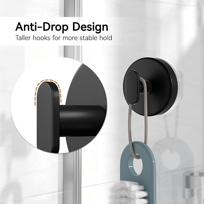 Suction Cup Hooks for Shower, Removable Towel Hooks for Bathroom, Kitchen, Glass Door, Mirror, Tile – Loofah, Towel, Coat, Bath Robe Hook for Hanging, Black 4 Pack