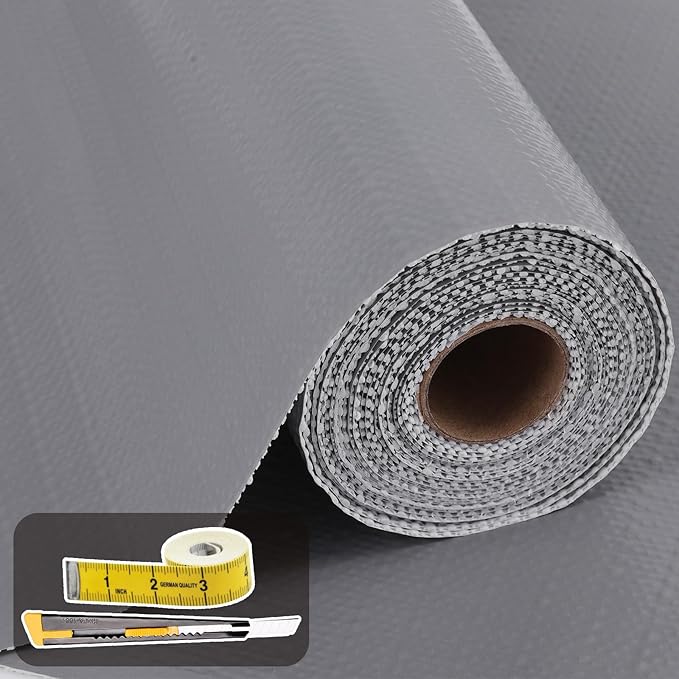 Shelf Liners for Kitchen Cabinets 12in x 30FT Non Adhesive Drawer Liner Grey Thickened Shelf Liner Paper Strong Non-Slip Easy to Clean for Tool Box Refrigerator with Knife and Tape Measure