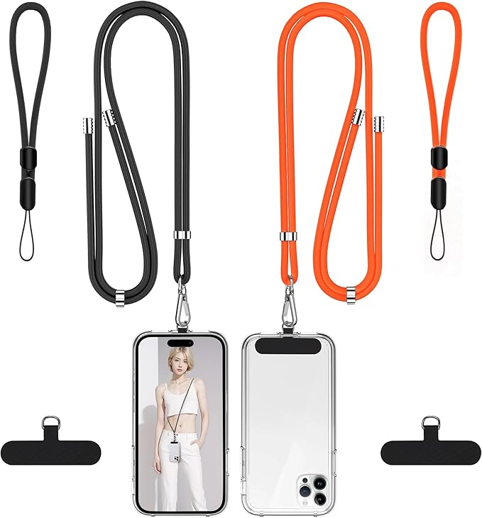 takyu Phone Lanyard, 2 Pack Adjustable CellPhone Lanyard Crossbody Neck Strap & 2 Pack Wrist Strap & Nylon Tether Tabs Compatible for iPhone Android Smartphones Orange Black