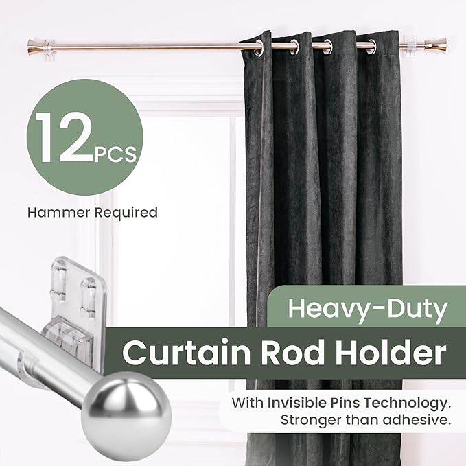 No Adhesive Heavy Duty Curtain Rod Holders with Wide Hook, 5X Stronger Than Adhesive Curtain Rod Hooks,Tension Curtain Rod Bracket for Wall with Pin Guide, Curtain Wall Mount (12 Pack, For 1.25" Rods)