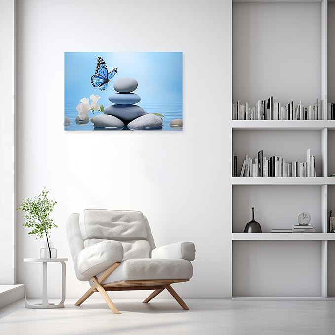 ARTZGX Zen Wall Art for Bathroom Zen Stone Picture Blue Butterfly Painting Still Life Artwork for Yoga Room Decor Frame(Zen - C 16.00" x 24.00")