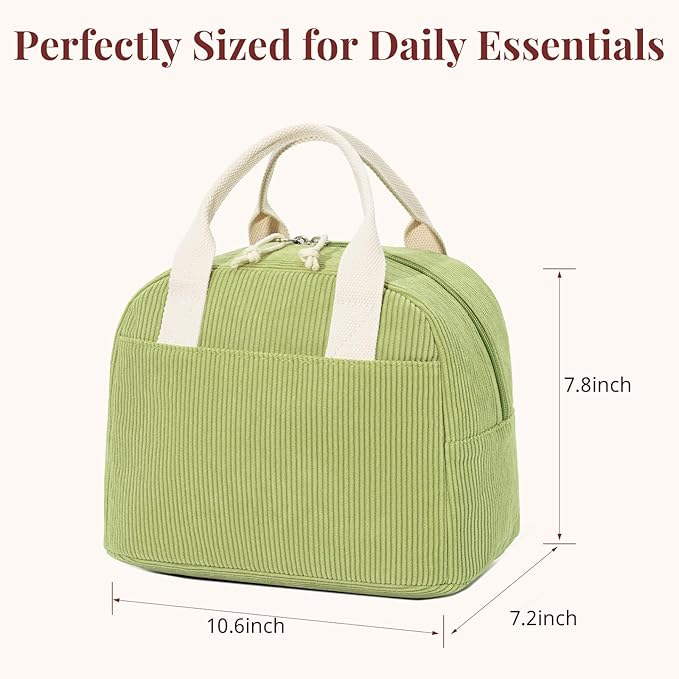 LOVELYWIND Insulated Lunch Bag for Women Men, Stylish Corduroy Tote Bag with Aluminum Lining, Large Capacity Reusable Cooler for Work, Travel, or Beach, Guacamole Green Lunch Box