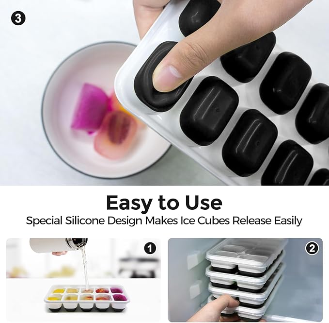 DOQAUS Ice Cube Tray with Lids - 4 Pack Stackable Silicone Ice Trays for Freezer, BPA & LFGB Safe, Easy Release for Kitchen, RV, Cocktail, Coffee, Soup & Food