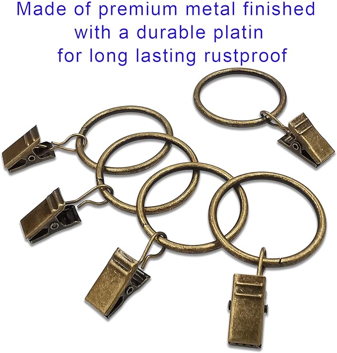 100 Pack Curtain Rings with Clips, Drapery Clips with Rings, Drapes Rings 1.26 in Interior Diameter, Fits up to 1 in Curtain Rod, Bronze