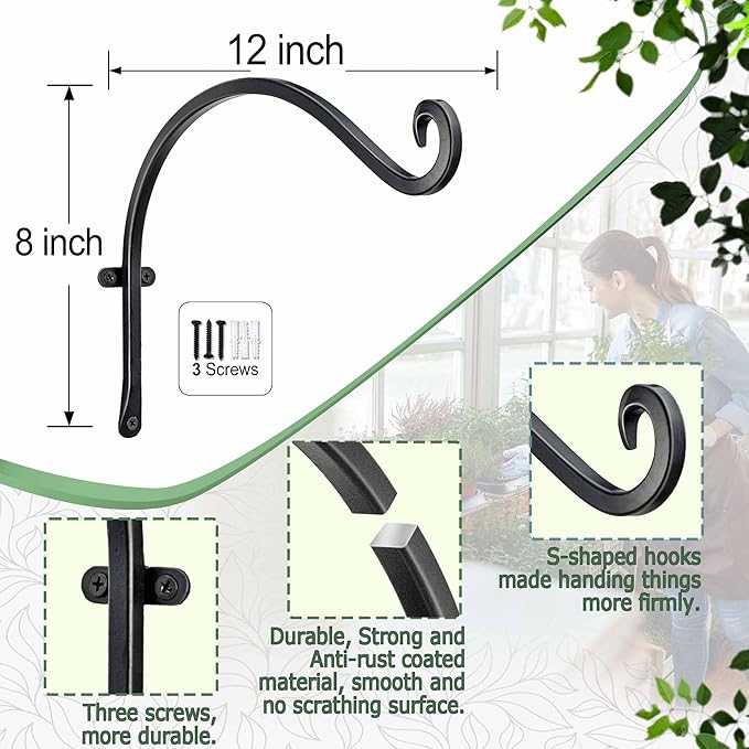 Qiang Ni Outdoor Bird Feeder Hanger Hooks: 12-Inch Wall Hanging Plant Bracket Indoor - 2 Pieces Plant Hooks for Hanging Flower Baskets