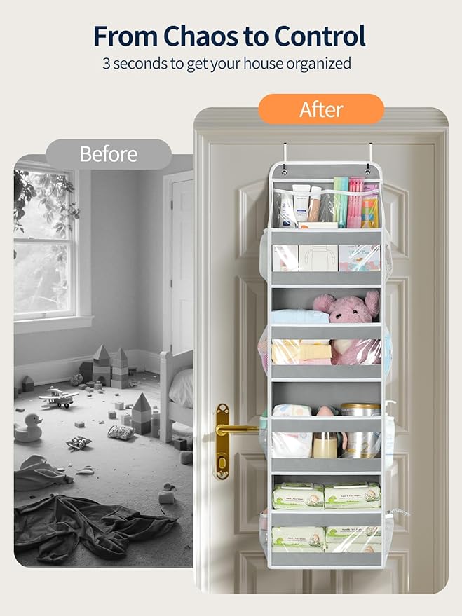 Yecaye 5 Tier 1Pc Over the Door Organizer, Stuffed Animal Storage with Clear PVC Windows, Door Organizer Hanging for Bedroom Nursery Closet Dorm Room Laundry Pantry Bathroom, Gray