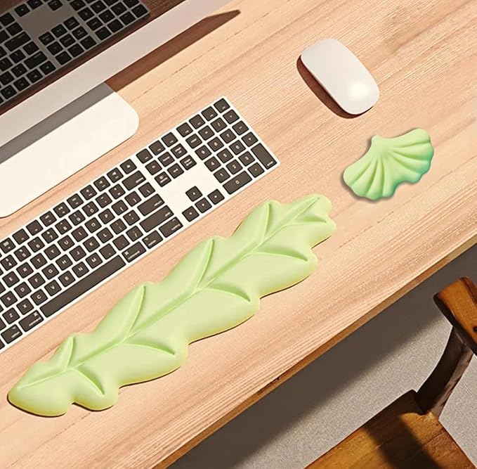 Angel Wing Wrist Rest Ergonomic Memory Foam Wrist Rest for Computer Keyboard Mouse Set, Cute Gaming Keyboard Cushion Hand Support PU Leather Surface Anti-Slip Waterproof Green-Leaf