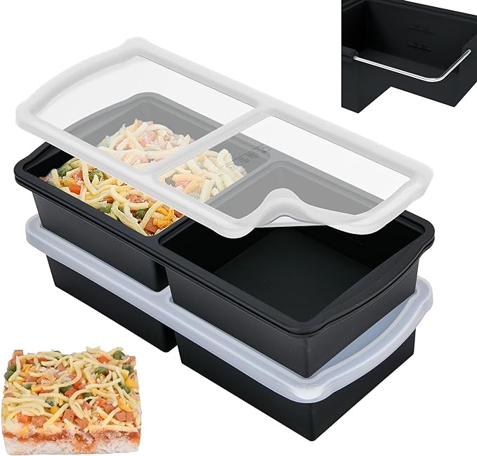 Silicone Freezer Trays with Lid,2-cup Soup Freezer Container large Ice Cube Molds with Reinforced Steel Ring Top for freezing Soup Sauce Broth Leftovers oven Dishwasher -Safe (black)