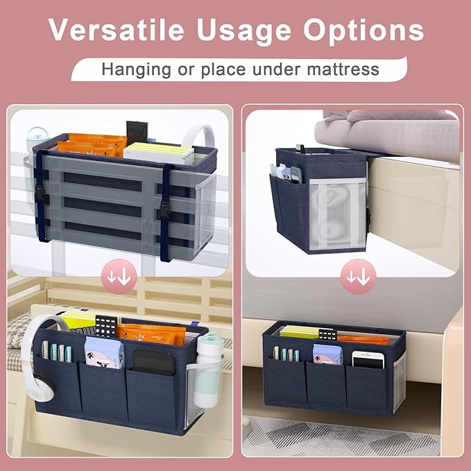 Dual-purpose Bedside Caddy Bedside Organizer, Bed Caddy with 6 Pockets, Versatile Bedside Storage Solution Magazine Remotes holder, ideal for Home, Dorm, Hospital, Crib Bed (Navy 2pcs)