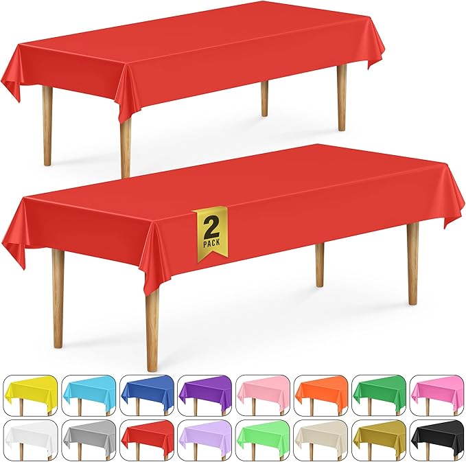 DecorRack 2 Rectangular Tablecloths BPA-Free Plastic, 54 x 108 inch, Dining Table Cloth, Rectangle Table Cover for Parties, Picnic, Camping and Outdoor, Disposable or Reusable, Red (2 Pack)